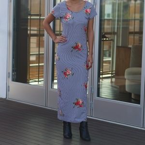 Striped t-shirt maxi dress with roses